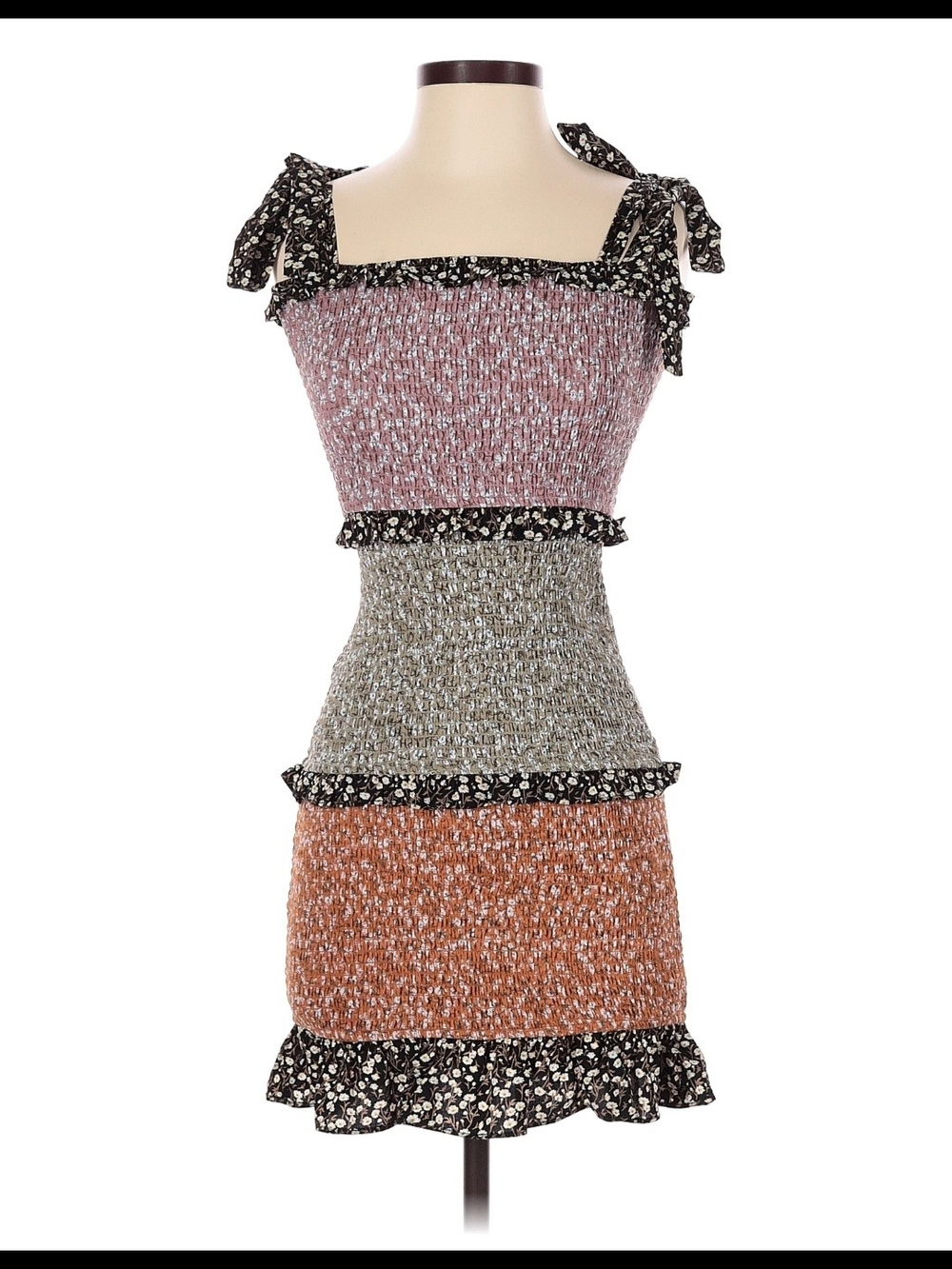 Smocked Tiered Tie-Shoulder Dress in Pink, Gray & Terracotta